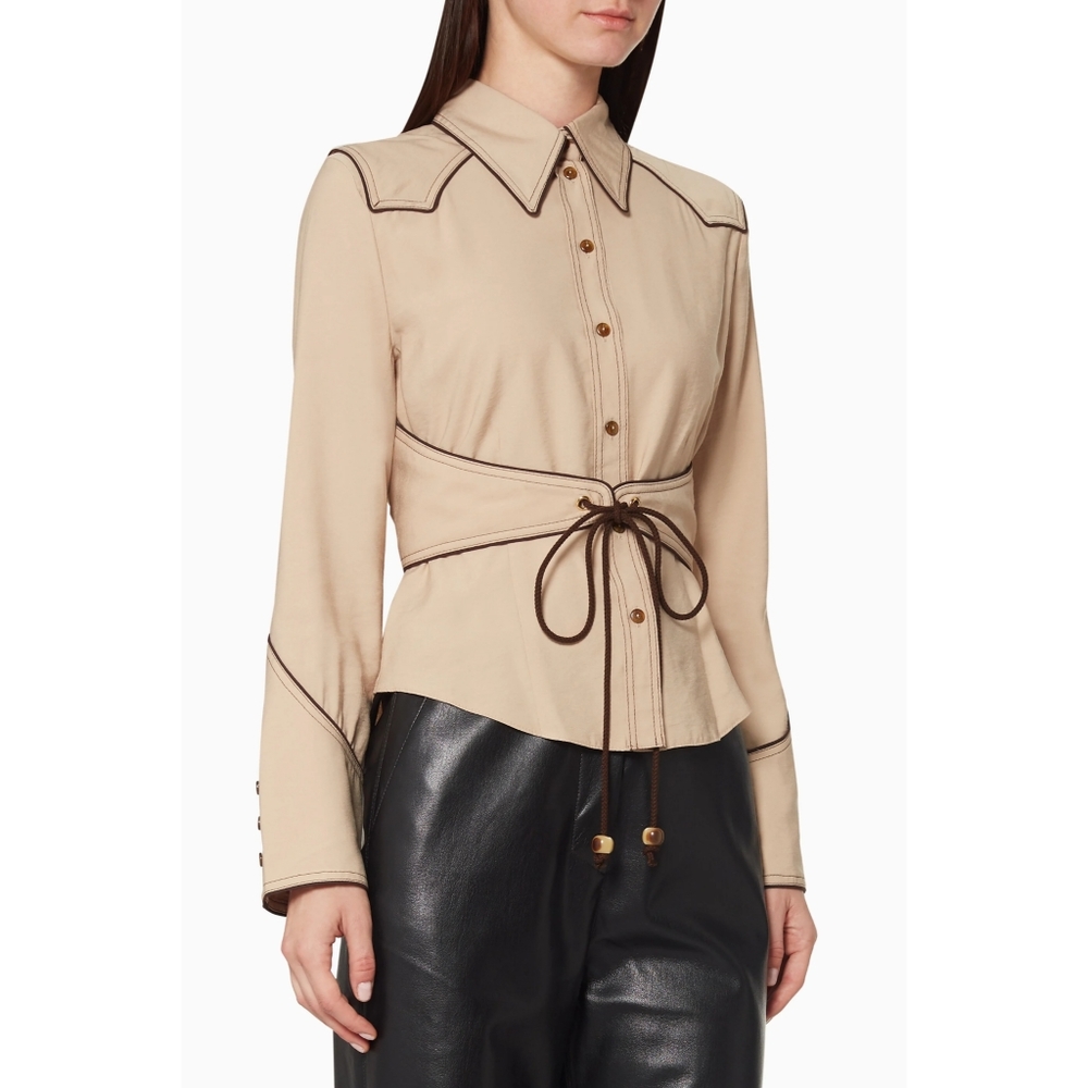 Nanushka Andi Belted Western-Style Button-Front Shirt Top XS Creme Tan RARE